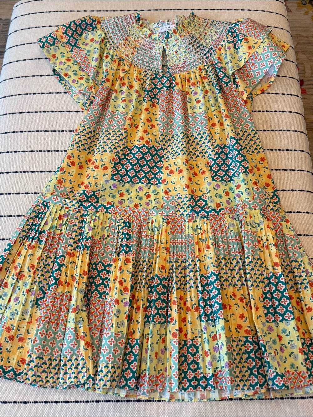 Current Air Yellow & Green Smocked Patchwork Floral Dress